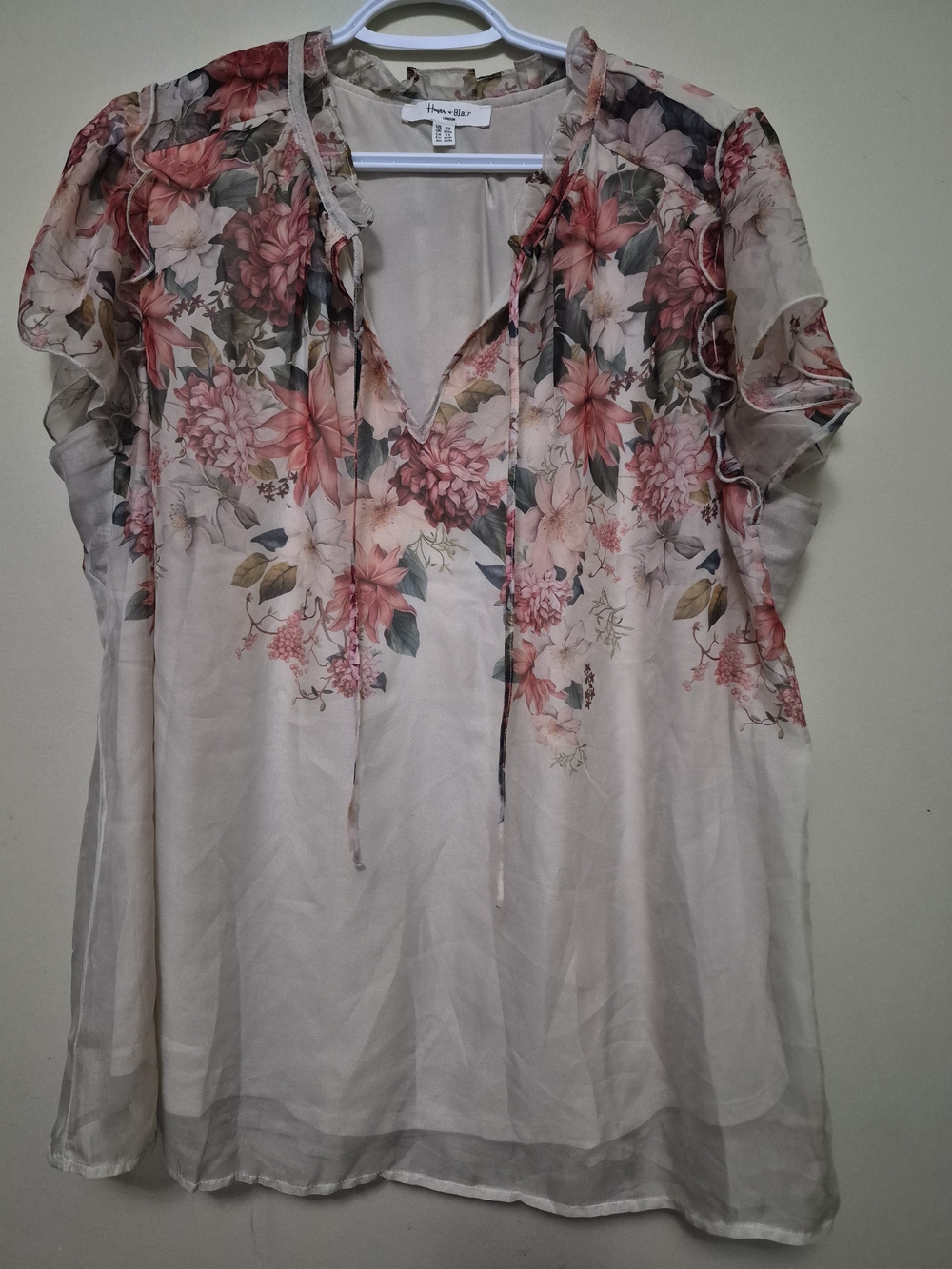 H&M Floral Tie-Neck Chiffon Blouse - Pink Cream Green